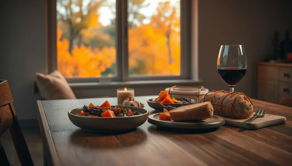 A cozy autumn evening, warm and inviting. In the foreground, a wooden table set with seasonal delights - a hearty stew, roasted root vegetables, a crusty loaf of bread, and a glass of rich red wine. Soft, ambient lighting casts a golden glow, heightening the earthy tones. In the middle ground, a window reveals a picturesque landscape, trees in vibrant fall foliage. The background is a minimalist, Scandinavian-inspired interior, clean lines and natural materials. An atmosphere of comfort and simplicity, perfect for a satisfying, seasonal dinner. abendessen leicht