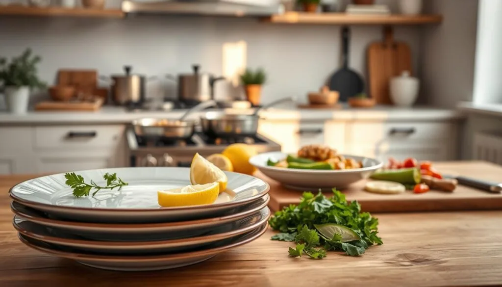 A cozy kitchen setting with an assortment of fresh ingredients and simple, wholesome dishes arranged on a wooden table. The foreground features a stack of steaming plates, garnished with herbs and lemon wedges, alongside a cutting board with sliced vegetables. In the middle ground, pots and pans simmer on a stove, casting a warm, golden glow. The background showcases a minimalist, Scandinavian-inspired space with clean lines, neutral tones, and a large window letting in natural light. The overall mood is one of effortless, homemade elegance - a scene that captures the essence of quick, delicious dinner recipes ready in 30 minutes or less. abendessen leicht