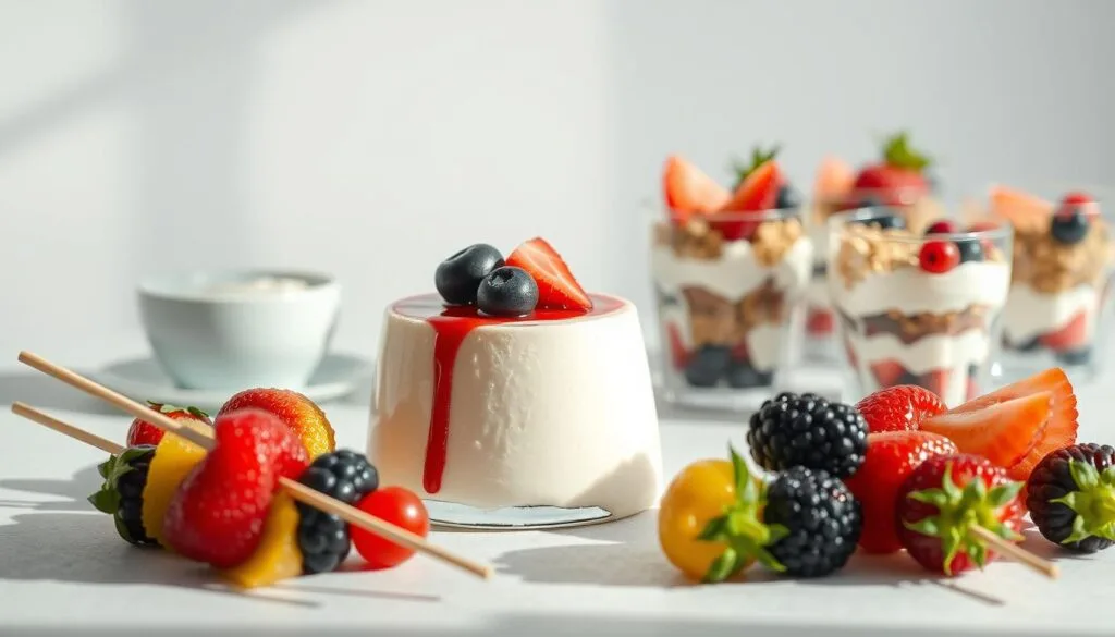 A delightful array of calorie-conscious dessert options, captured in a crisp, natural light. In the foreground, an assortment of fresh fruit skewers, their vibrant colors and juicy textures enticing the viewer. In the middle ground, a creamy, guilt-free panna cotta, garnished with a drizzle of berry coulis. The background showcases a selection of individual-sized portions of Greek yogurt parfaits, layered with granola and luscious berries. A serene, minimalist setting, with clean lines and a muted color palette, evokes a sense of lightness and balance, reflecting the healthful nature of these satisfying dessert choices. abendessen leicht