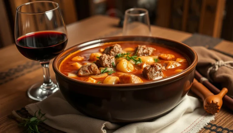 Genießen Sie authentisches Gulasch mit Rotwein zum Abendessen