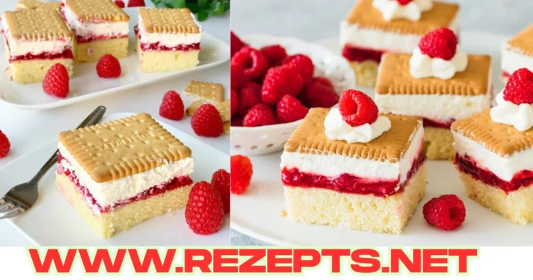 Butterkekskuchen mit Himbeeren und Pudding